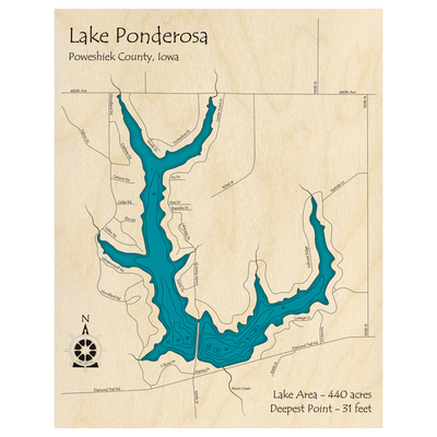 Bathymetric topo map of Lake Ponderosa, IA with roads, towns and depths noted in blue water.