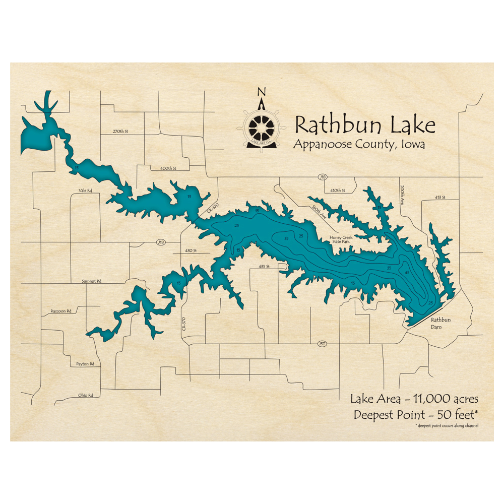 Bathymetric topo map of Rathbun Lake, IA with roads, towns and depths noted in blue water.