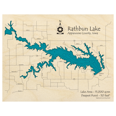 Bathymetric topo map of Rathbun Lake, IA with roads, towns and depths noted in blue water.