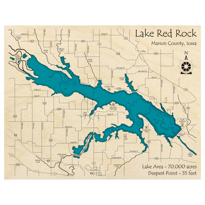 Bathymetric topo map of Lake Red Rock, IA with roads, towns and depths noted in blue water.