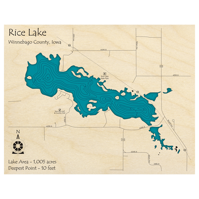 Bathymetric topo map of Rice Lake, IA with roads, towns and depths noted in blue water.