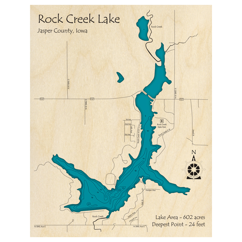 Bathymetric topo map of Rock Creek Lake, IA with roads, towns and depths noted in blue water.