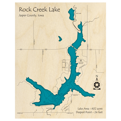 Bathymetric topo map of Rock Creek Lake, IA with roads, towns and depths noted in blue water.