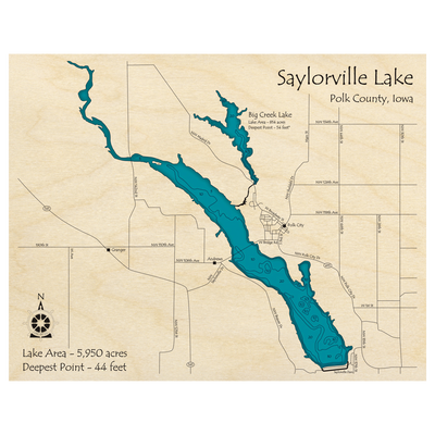 Bathymetric topo map of Saylorville Lake and Big Creek Lake, IA with roads, towns and depths noted in blue water.