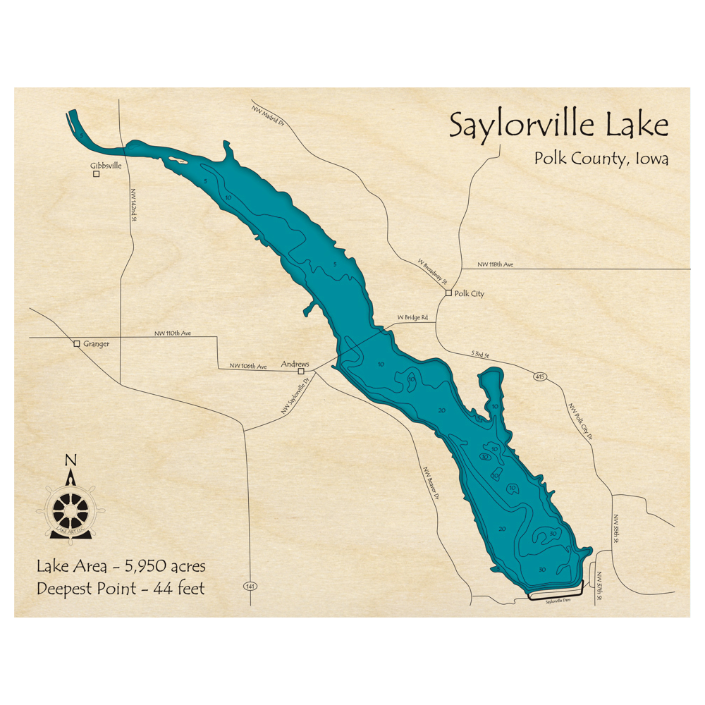 Bathymetric topo map of Saylorville Lake, IA with roads, towns and depths noted in blue water.