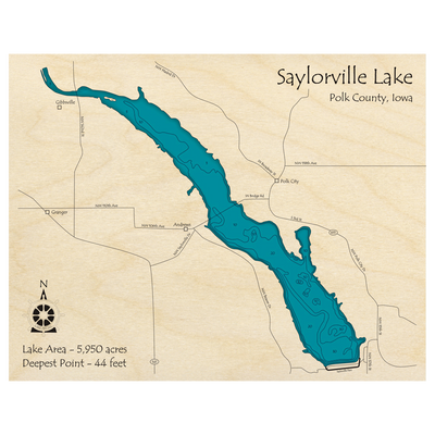 Bathymetric topo map of Saylorville Lake, IA with roads, towns and depths noted in blue water.
