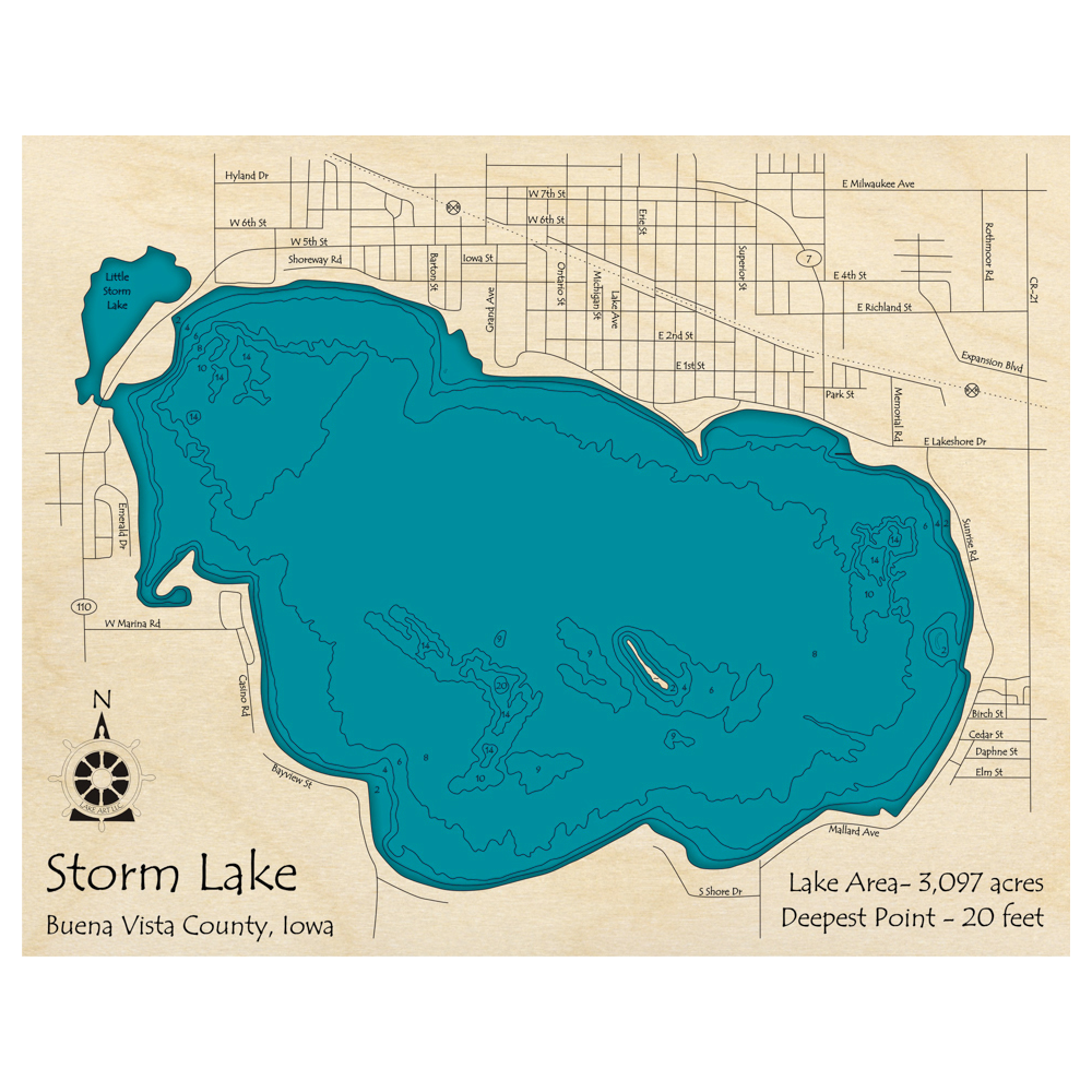 Bathymetric topo map of Storm Lake, IA with roads, towns and depths noted in blue water.