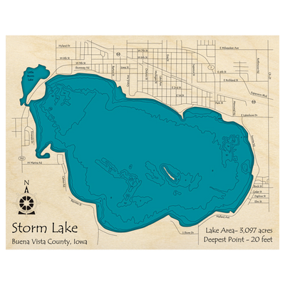 Bathymetric topo map of Storm Lake, IA with roads, towns and depths noted in blue water.