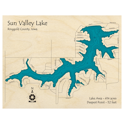 Bathymetric topo map of Sun Valley Lake, IA with roads, towns and depths noted in blue water.