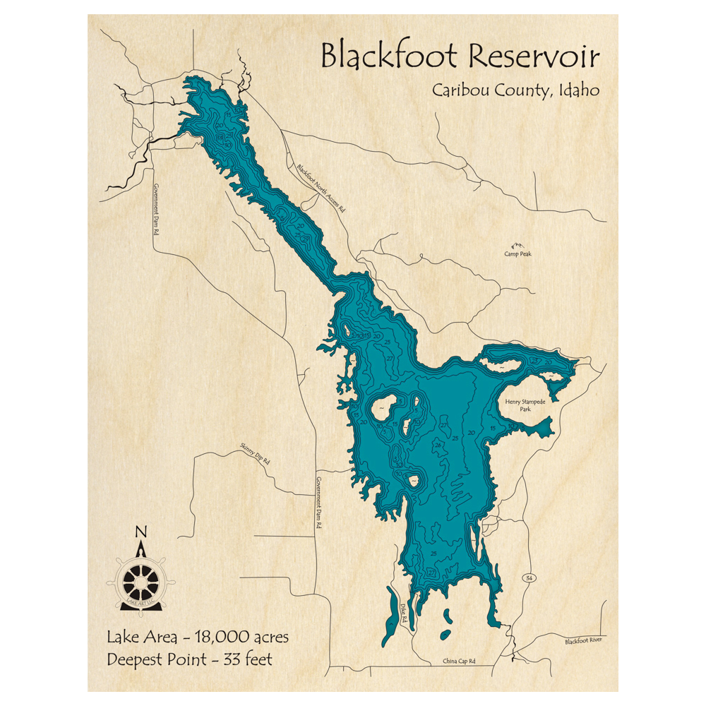 Bathymetric topo map of Blackfoot Reservoir, ID with roads, towns and depths noted in blue water.