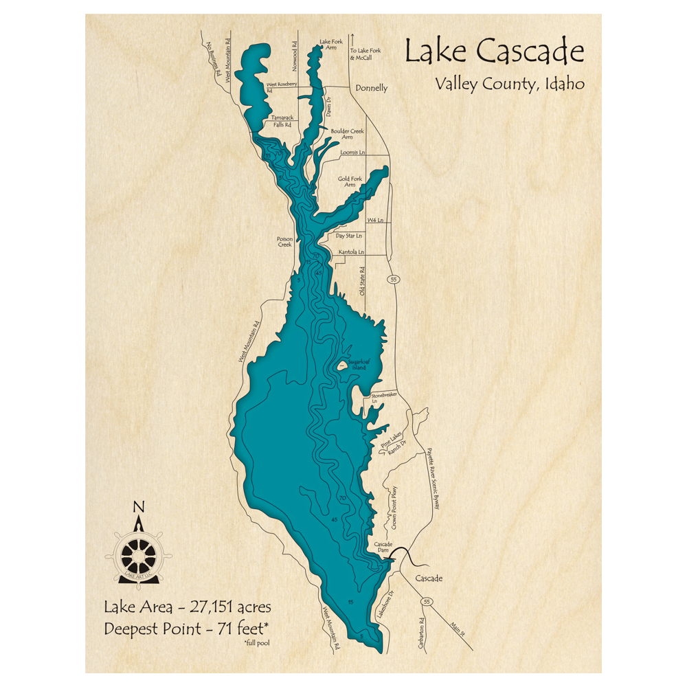 Bathymetric topo map of Lake Cascade, ID with roads, towns and depths noted in blue water.