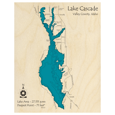 Bathymetric topo map of Lake Cascade, ID with roads, towns and depths noted in blue water.