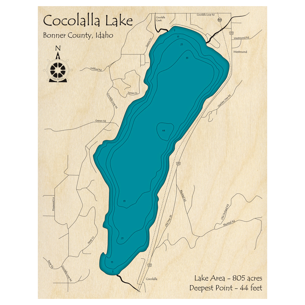 Bathymetric topo map of Cocolalla Lake, ID with roads, towns and depths noted in blue water.
