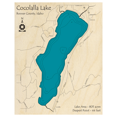 Bathymetric topo map of Cocolalla Lake, ID with roads, towns and depths noted in blue water.