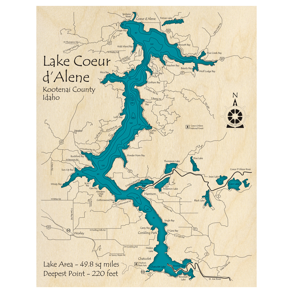 Bathymetric topo map of Lake Coeur dAlene, ID with roads, towns and depths noted in blue water.