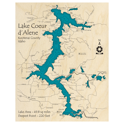 Bathymetric topo map of Lake Coeur dAlene, ID with roads, towns and depths noted in blue water.