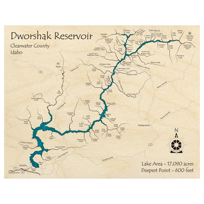 Bathymetric topo map of Dworshak Reservoir, ID with roads, towns and depths noted in blue water.