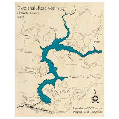 Bathymetric topo map of Dworshak Reservoir, ID with roads, towns and depths noted in blue water.