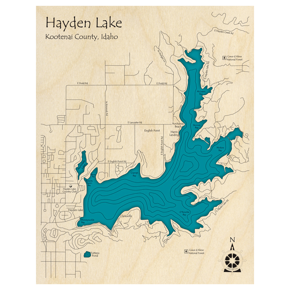Bathymetric topo map of Hayden Lake, ID with roads, towns and depths noted in blue water.