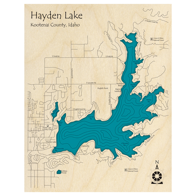 Bathymetric topo map of Hayden Lake, ID with roads, towns and depths noted in blue water.