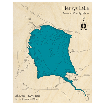 Bathymetric topo map of Henrys Lake, ID with roads, towns and depths noted in blue water.