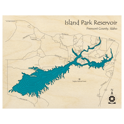 Bathymetric topo map of Island Park Reservoir, ID with roads, towns and depths noted in blue water.