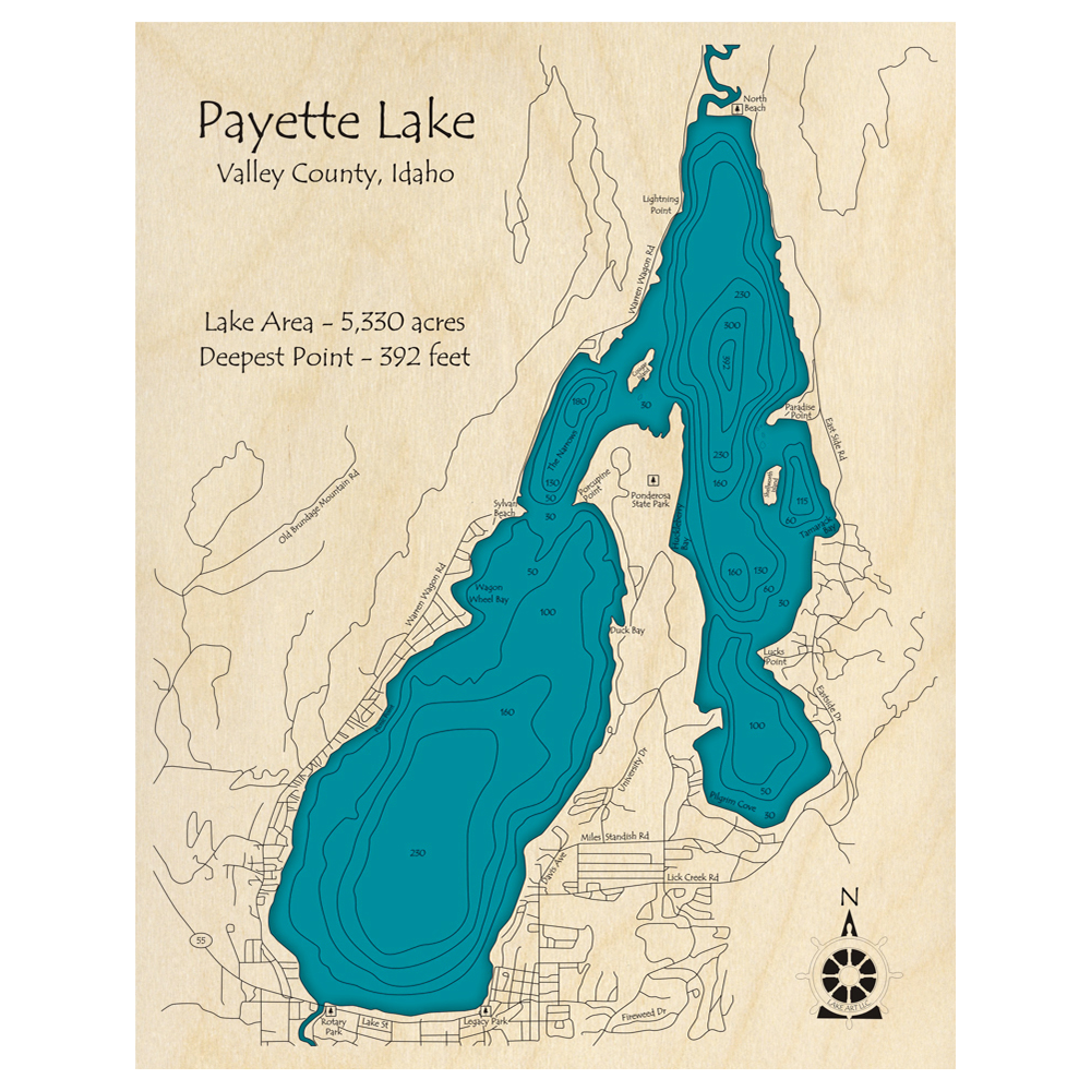 Bathymetric topo map of Payette Lake, ID with roads, towns and depths noted in blue water.