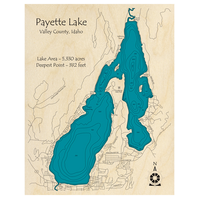Bathymetric topo map of Payette Lake, ID with roads, towns and depths noted in blue water.