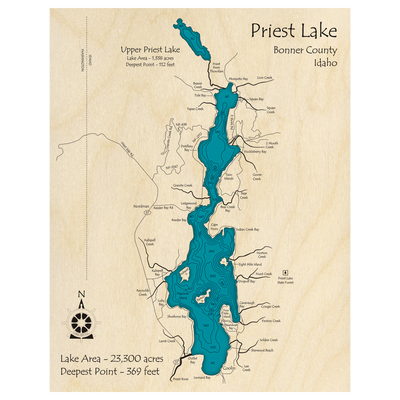 Bathymetric topo map of Priest Lake, ID with roads, towns and depths noted in blue water.