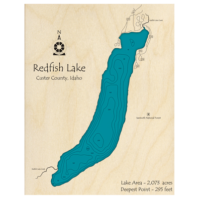Bathymetric topo map of Redfish Lake, ID with roads, towns and depths noted in blue water.