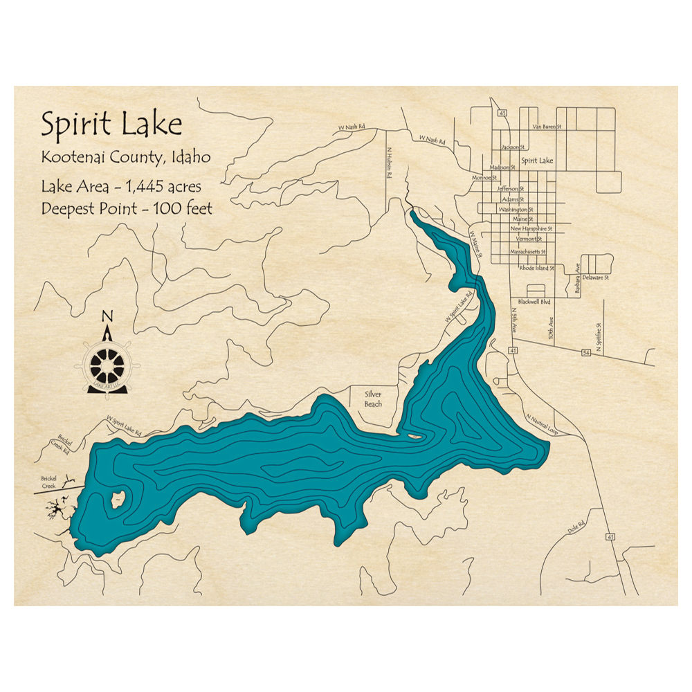 Bathymetric topo map of Spirit Lake, ID with roads, towns and depths noted in blue water.