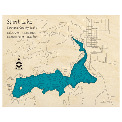 Bathymetric topo map of Spirit Lake, ID with roads, towns and depths noted in blue water.
