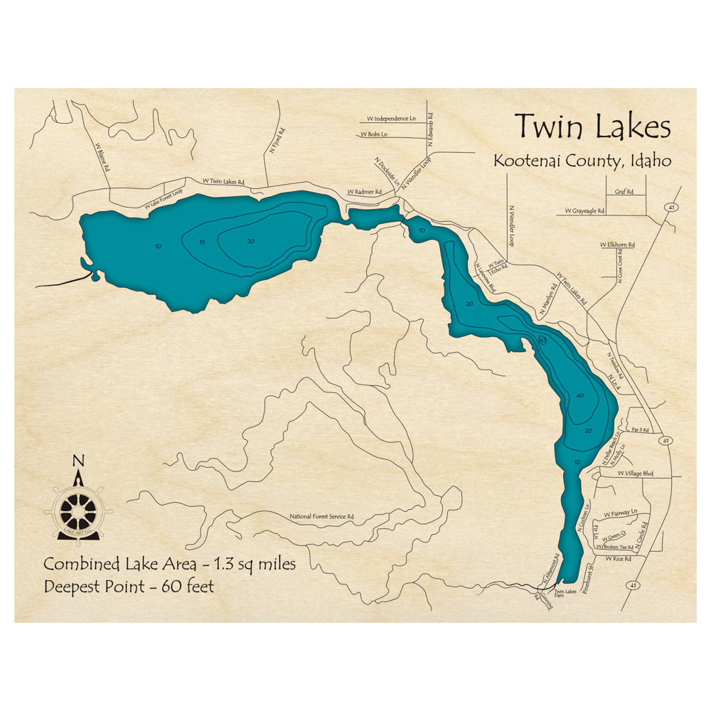Bathymetric topo map of Twin Lakes, ID with roads, towns and depths noted in blue water.