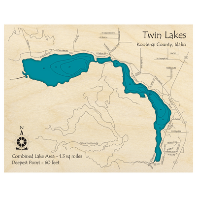 Bathymetric topo map of Twin Lakes, ID with roads, towns and depths noted in blue water.