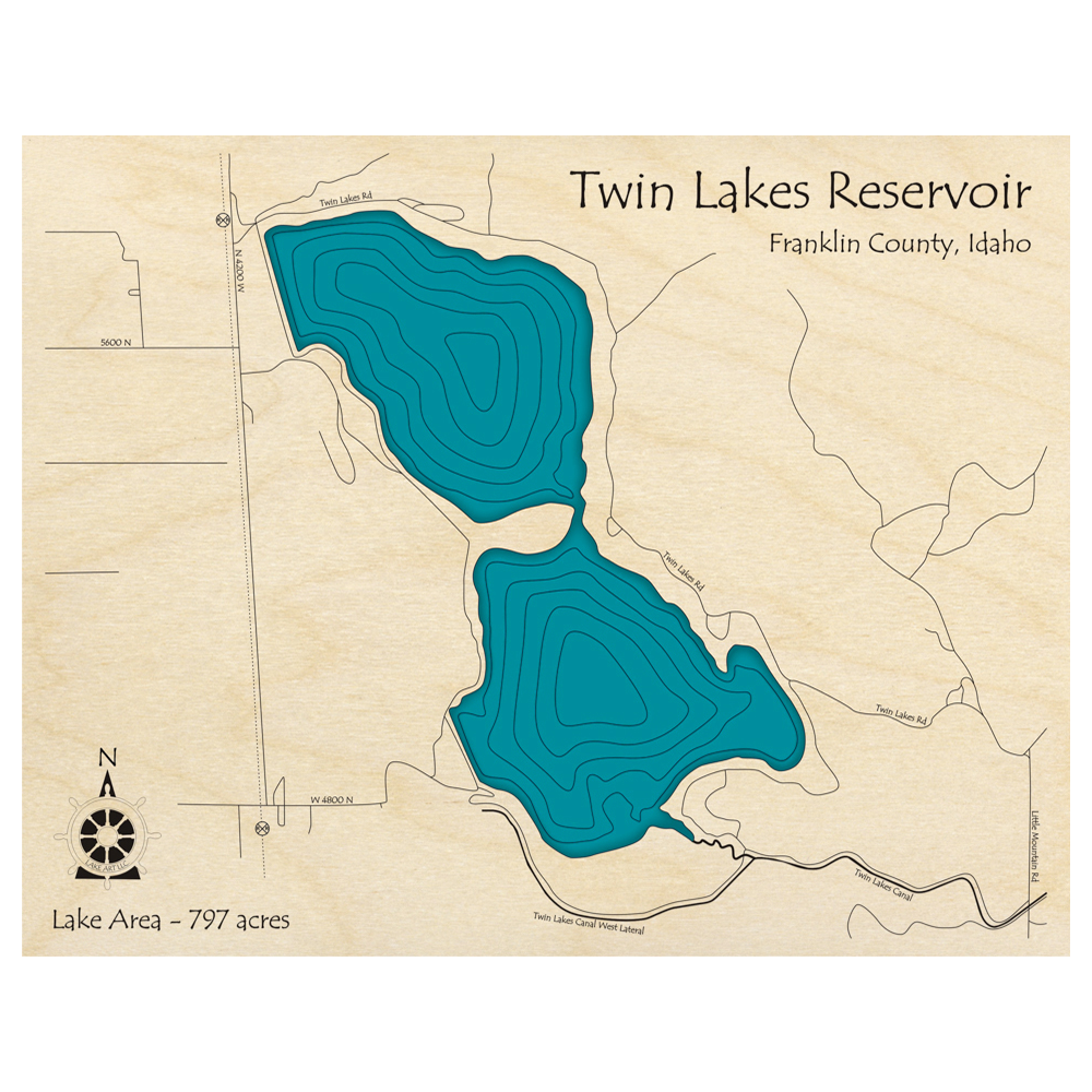 Bathymetric topo map of Twin Lakes Reservoir, ID with roads, towns and depths noted in blue water.