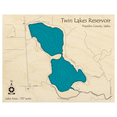 Bathymetric topo map of Twin Lakes Reservoir, ID with roads, towns and depths noted in blue water.