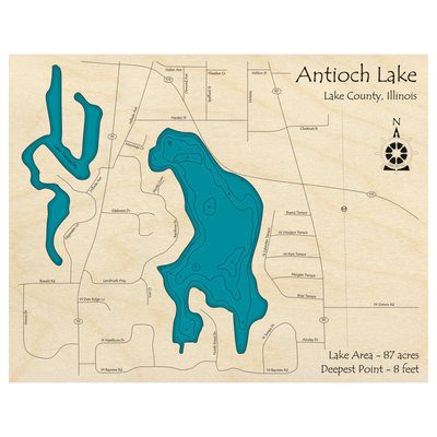 Bathymetric topo map of Antioch Lake, IL with roads, towns and depths noted in blue water.