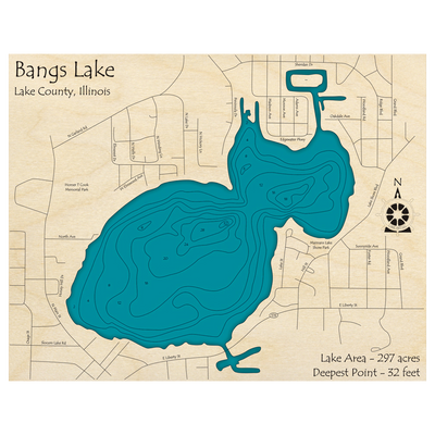 Bathymetric topo map of Bangs Lake, IL with roads, towns and depths noted in blue water.