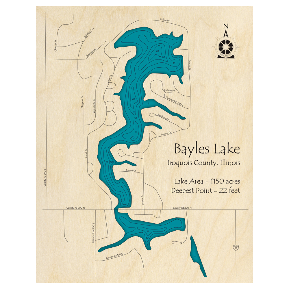 Bathymetric topo map of Bayles Lake, IL with roads, towns and depths noted in blue water.
