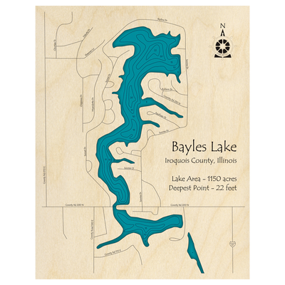 Bathymetric topo map of Bayles Lake, IL with roads, towns and depths noted in blue water.