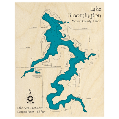 Bathymetric topo map of Lake Bloomington, IL with roads, towns and depths noted in blue water.