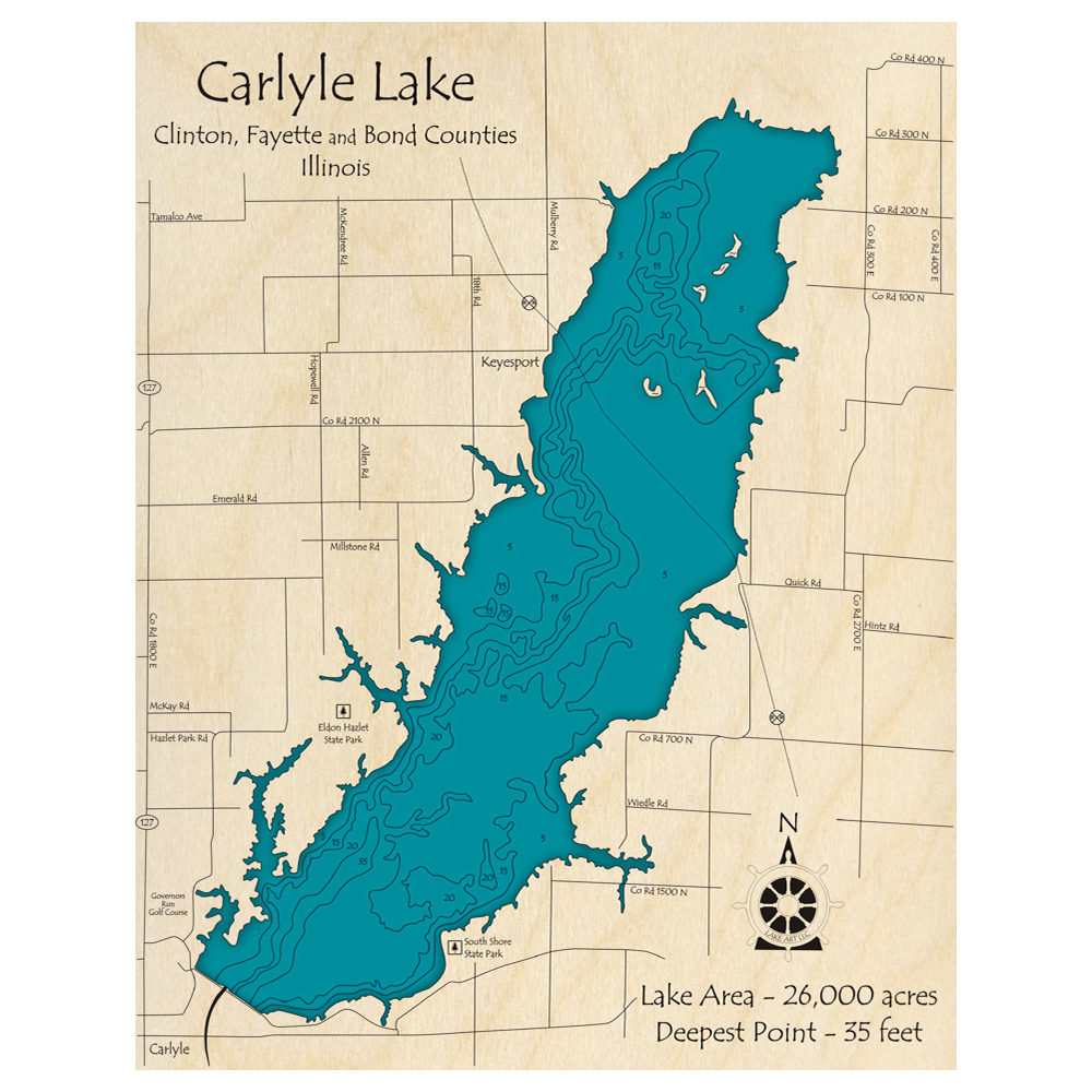 Bathymetric topo map of Carlyle Lake, IL with roads, towns and depths noted in blue water.