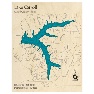Bathymetric topo map of Lake Carroll, IL with roads, towns and depths noted in blue water.