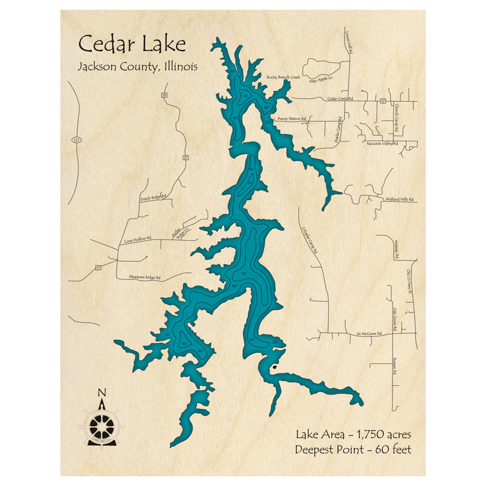 Bathymetric topo map of Cedar Lake, IL with roads, towns and depths noted in blue water.
