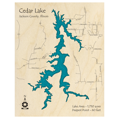 Bathymetric topo map of Cedar Lake, IL with roads, towns and depths noted in blue water.