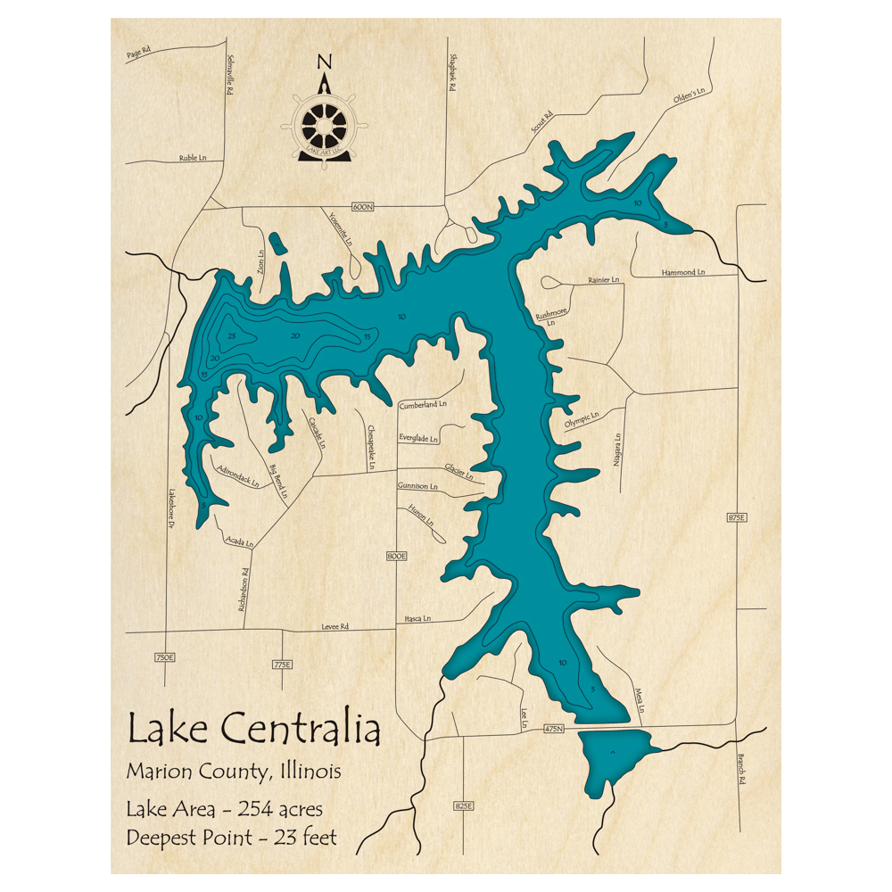 Bathymetric topo map of Lake Centralia, IL with roads, towns and depths noted in blue water.