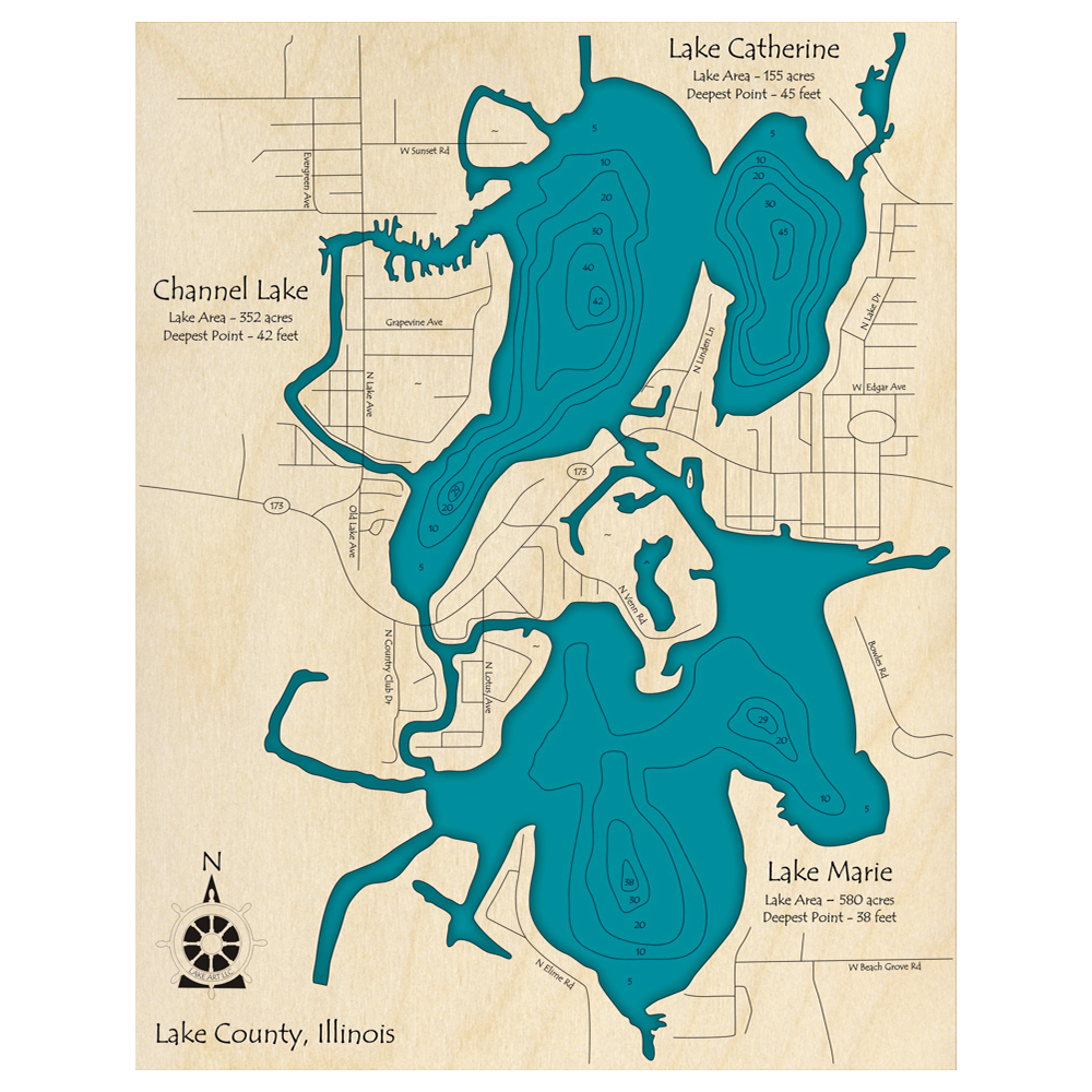 Bathymetric topo map of Channel Lake, IL with roads, towns and depths noted in blue water.