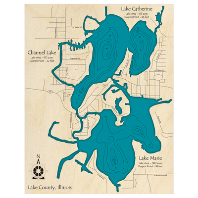 Bathymetric topo map of Channel Lake, IL with roads, towns and depths noted in blue water.