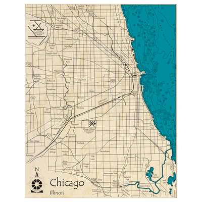 Bathymetric topo map of City of Chicago, IL with roads, towns and depths noted in blue water.