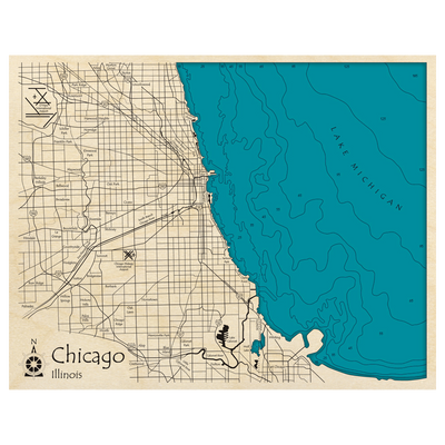 Bathymetric topo map of Chicago, IL with roads, towns and depths noted in blue water.